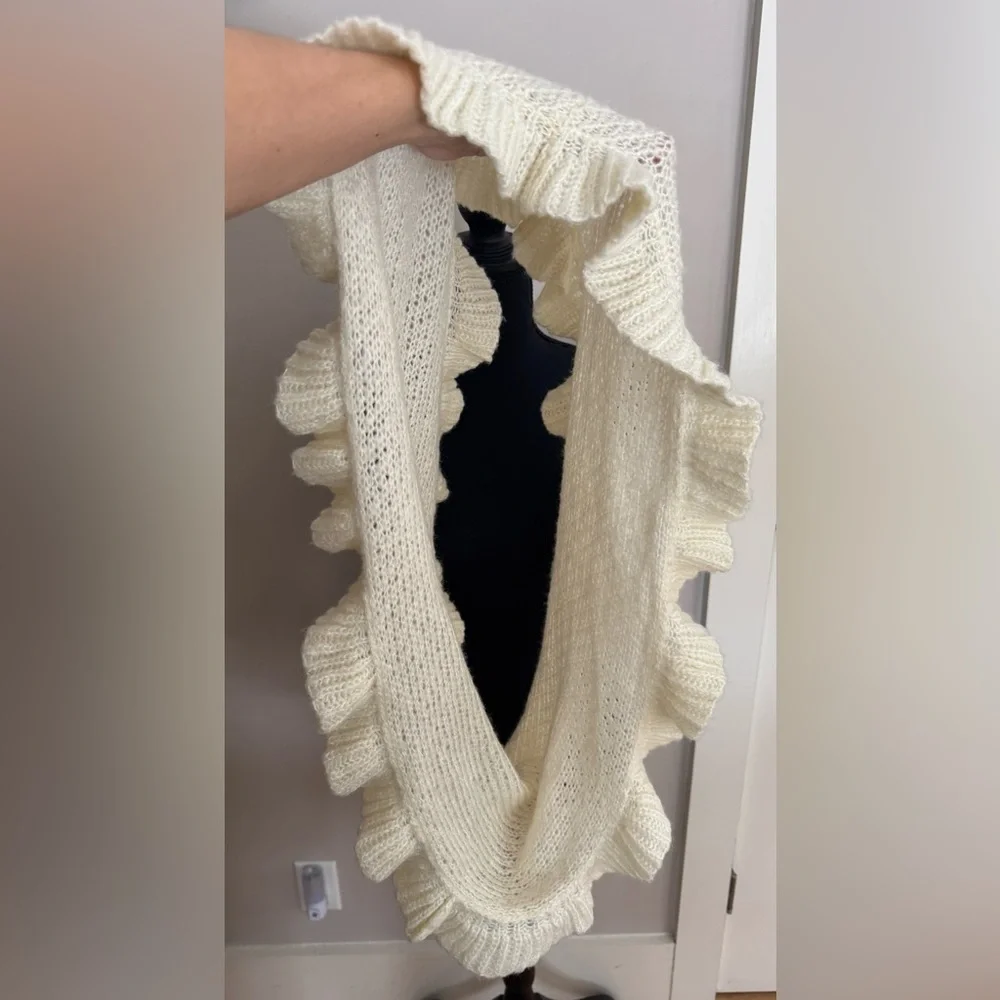 Wooden Ships cream mohair wool blend knit ruffled‎ women’s infinity scarf